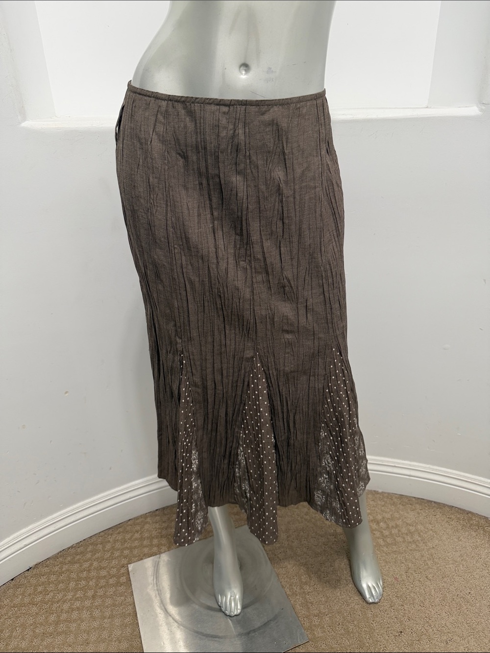 Lucien Daunois Collection Skirt 36 Brown Crinkle Godet Floral Polka Dot Midi